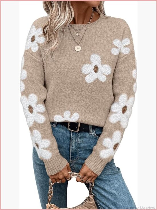 Sweaters - Women's Floral Crewneck Long Sleeve Drop Shoulder Pullover Sweater